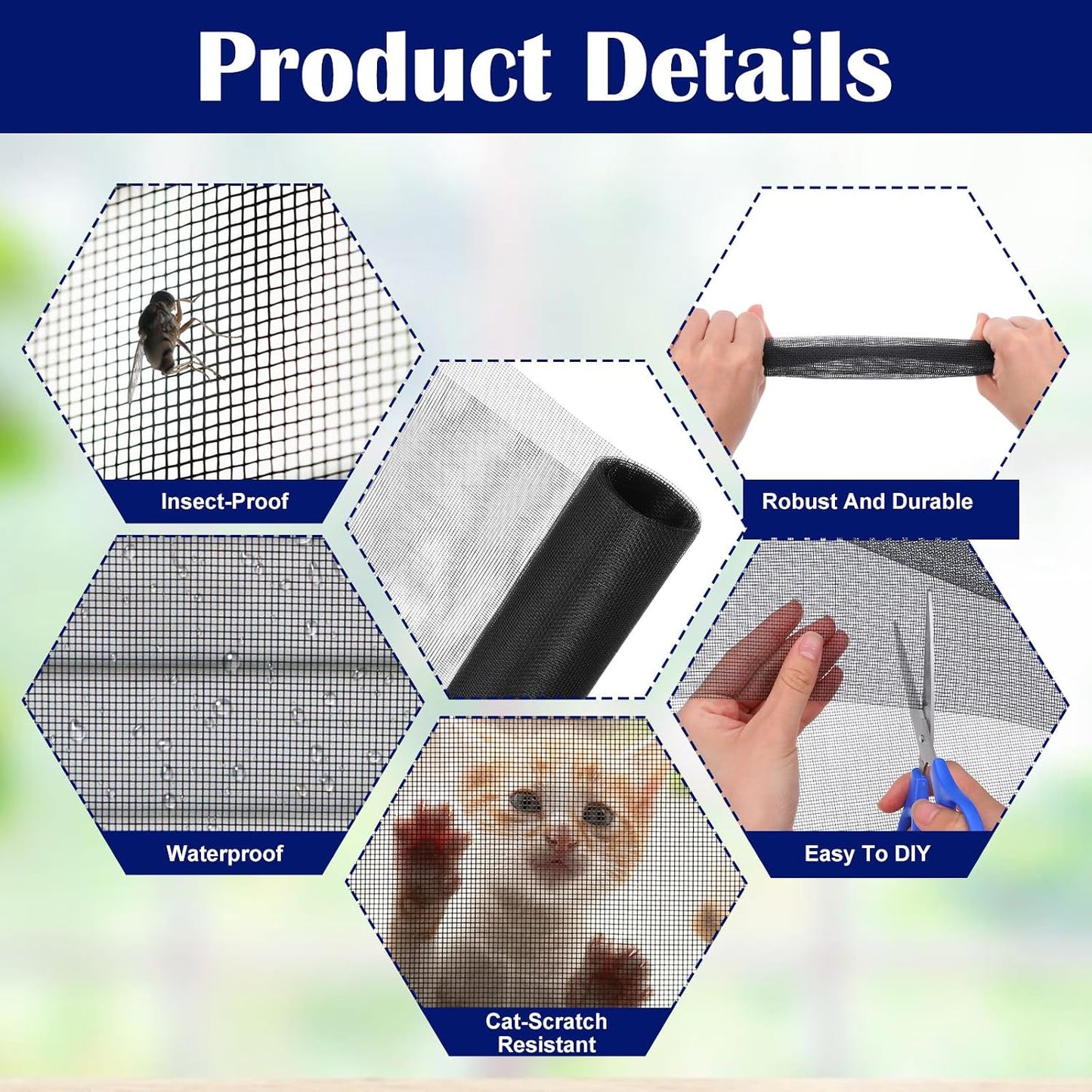 47.2 x 78.7 inch Window Screen with 23 Feet Black Upgraded Hook and Loop Adhesive Edging Frame Free Cutting DIY Self-Adhesive Window Screen Mesh Curtain Replacement