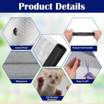 47.2 x 78.7 inch Window Screen with 23 Feet Black Upgraded Hook and Loop Adhesive Edging Frame Free Cutting DIY Self-Adhesive Window Screen Mesh Curtain Replacement
