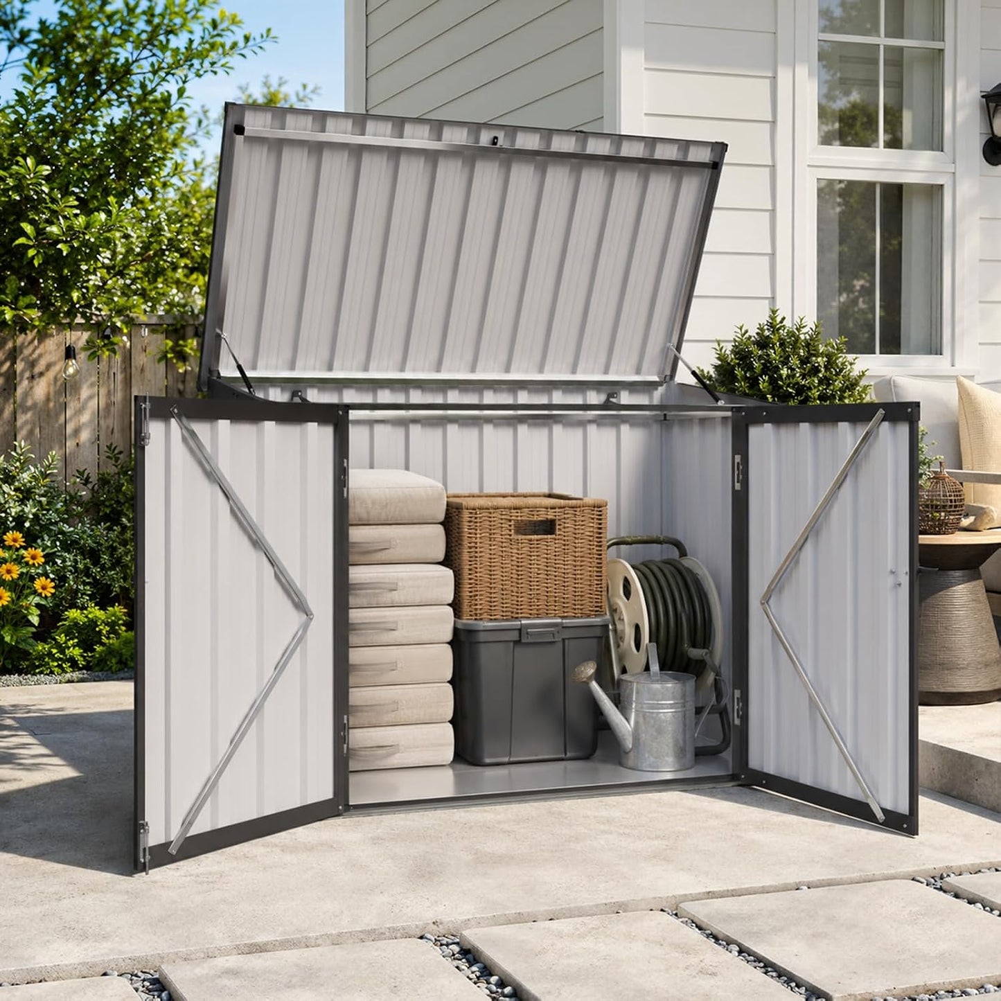 Aoxun Outdoor Storage Cabinet, 35 Cu.Ft Metal Storage Shed with Floor, All-Weather Outdoor Storage Box with Hydraulic Lid, Lockable Doors for Patio Garden Garage, Black