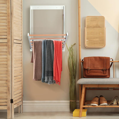 Wooden Wall Mounted Clothes Drying Rack for Laundry Room,White | Solid Wood Crossbar|Space-Saving Design|Easy Installation|Wall-mounted Pull-down Folding Design