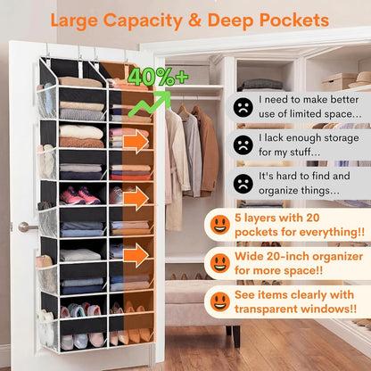 Over The Door Organizer, 5-Tier Extra Large Behind Door Storage with 10 Big Front & 10 Mesh Pockets, 80lb Capacity, Hanging Storage Organizer with Clear Window Kids Toys, Shoes, Diapers, Light Grey