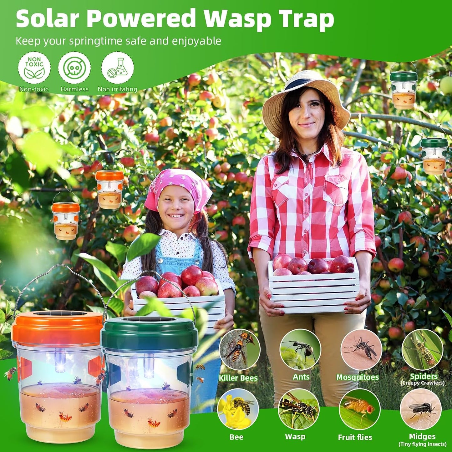 2026 Upgraded Solar Wasp Traps Outdoor Hanging with LED Light - Reusable Yellow Jacket Hornet Traps Carpenter Bee Catcher for Garden Orchard Bug Deterrent, 4 Pack