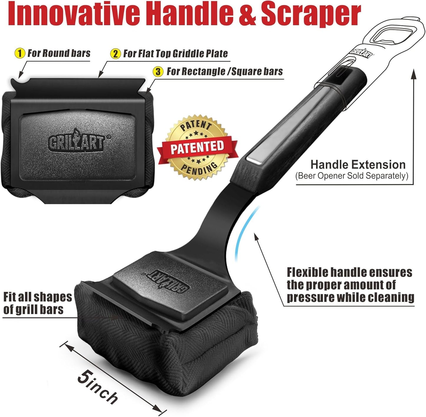GRILLART Grill Brush Bristle Free. SteamWizards BBQ Replaceable Cleaning Head, Unique Seamless-Fit Scraper Tool for Cast Iron/Stainless-Steel Grates, Safe Barbecue Grill Cleaner-Red