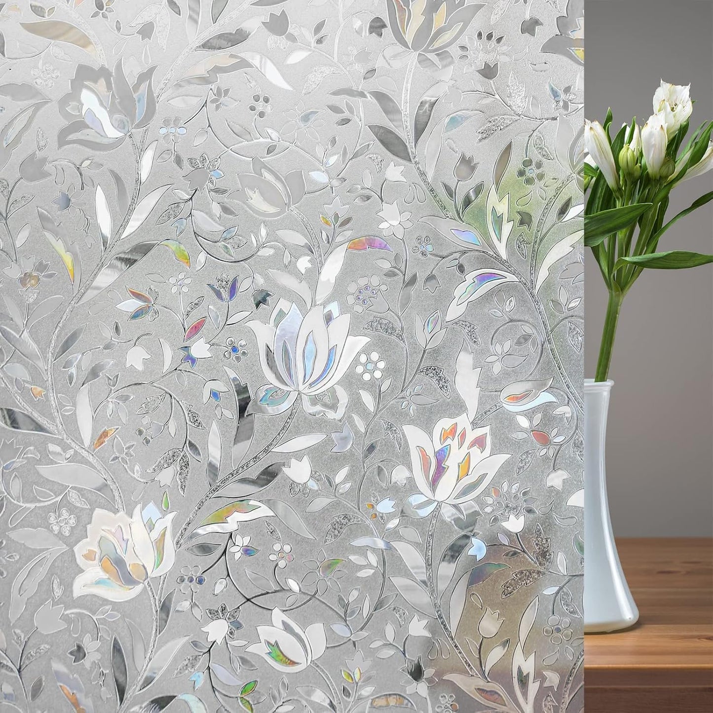 rabbitgoo Window Privacy Film, Decorative Stained Glass Window Film, Sun Blocking Glass Clings, Renter-Friendly Static Cling Frosted Sticker Covering for Home Door, Rainbow Tulip 17.5" X 78.7"