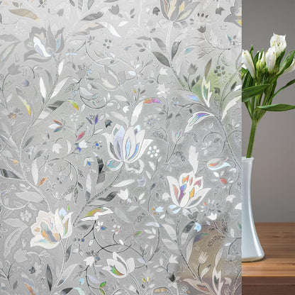 rabbitgoo Window Privacy Film, Decorative Stained Glass Window Film, Sun Blocking Glass Clings, Renter-Friendly Static Cling Frosted Sticker Covering for Home Door, Rainbow Tulip 17.5" X 78.7"