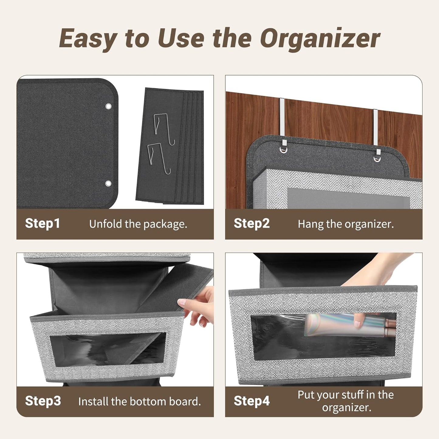 Narrow Over The Door Organizer, 5 Large Pockets Fabric Storage, 12" Wide | With Metal Hooks, Clear Window for quick view, 11.8" Slim design, Back of Door Hanging for Clothes Pantry Dorm Bedroom