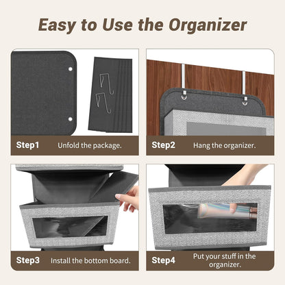 Narrow Over The Door Organizer, 5 Large Pockets Fabric Storage, 12" Wide | With Metal Hooks, Clear Window for quick view, 11.8" Slim design, Back of Door Hanging for Clothes Pantry Dorm Bedroom