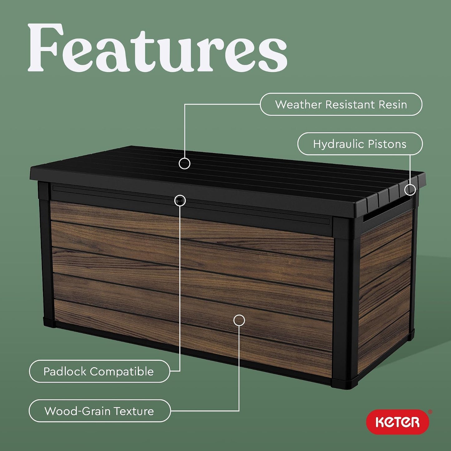 Keter Signature Everwood 30 Gallon Resin Outdoor Storage Box and Patio Furniture Side Table for Pool and Garden Accessories, Walnut