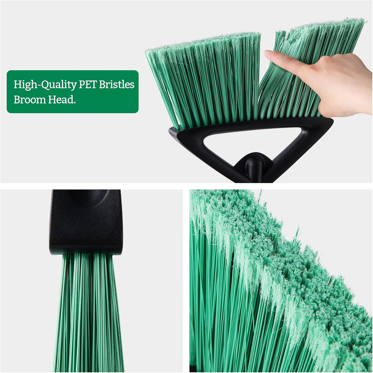 Eyliden Angle Broom with 57" Long Handle, Outdoor Indoor, Green | Heavy-Duty Cleaning, Also Works Well Fine Dust - PET Bristles, Commercial Sweeper for Courtyard Sidewalk Deck Kitchen Lobby