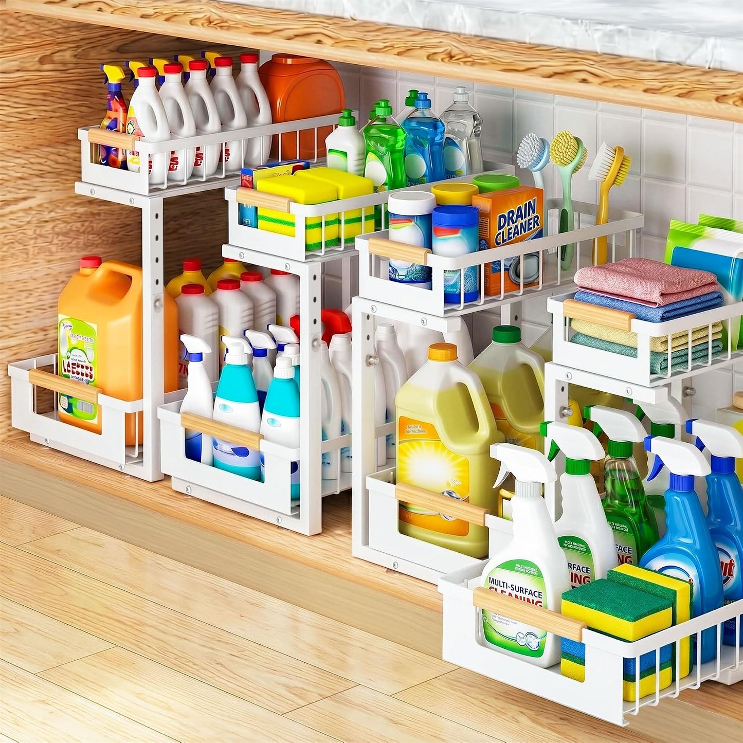 2 Pack Under Sink Organizer, 2 Tier Pull Out Cabinet Organizer with 5-Level Adjustable Height, Sliding Metal Storage Rack for Kitchen Bathroom Pantry, White