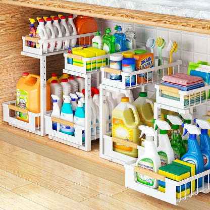 2 Pack Under Sink Organizer, 2 Tier Pull Out Cabinet Organizer with 5-Level Adjustable Height, Sliding Metal Storage Rack for Kitchen Bathroom Pantry, White