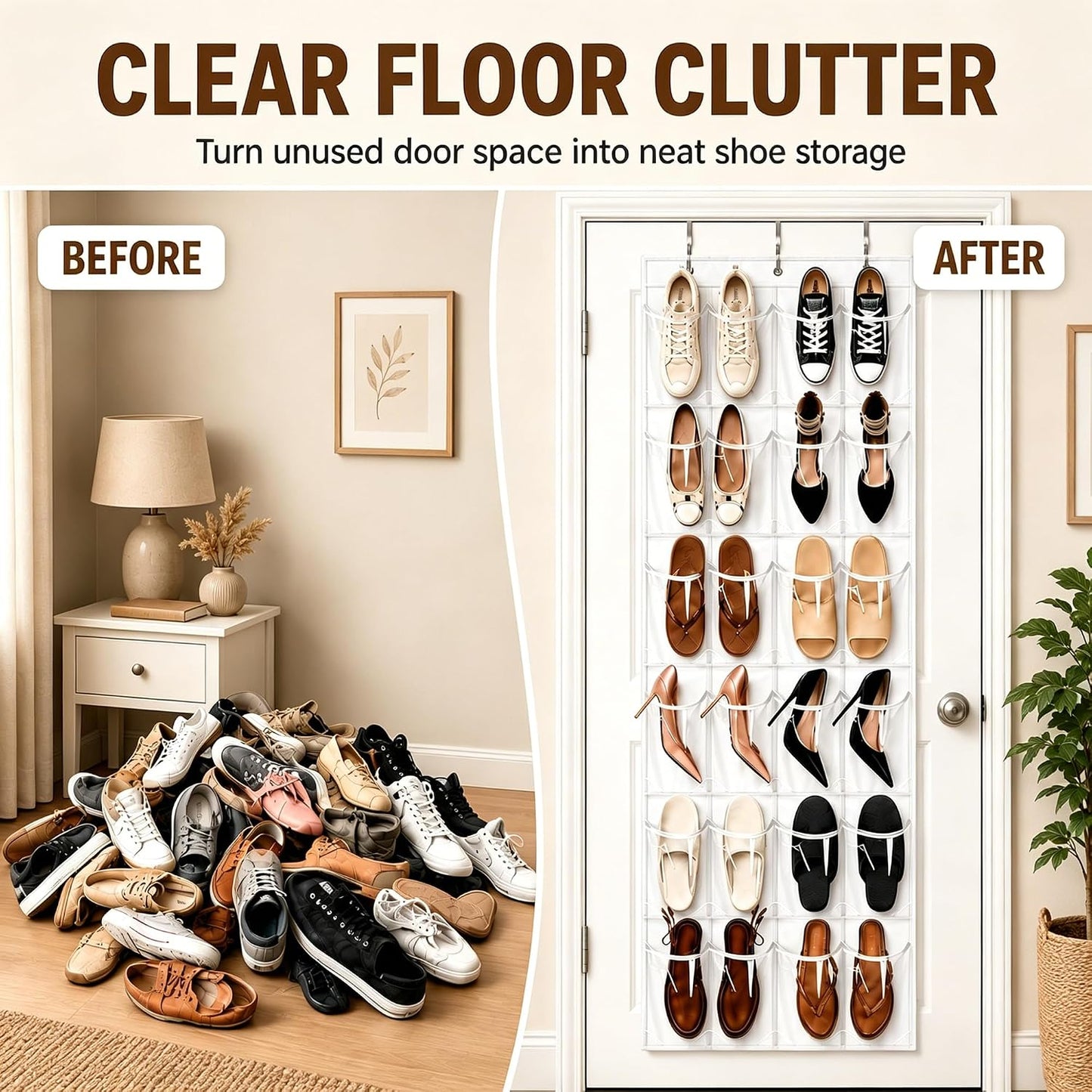 Over the Door Shoe Organizer with 24 Crystal Clear Pockets and Metal Hooks – Heavy Duty Hanging Shoe Storage Rack for Closet, Bathroom, Dorm – Space Saving for Shoes, Accessories, Toys (White)