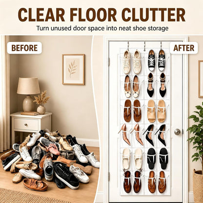 Over the Door Shoe Organizer with 24 Crystal Clear Pockets and Metal Hooks – Heavy Duty Hanging Shoe Storage Rack for Closet, Bathroom, Dorm – Space Saving for Shoes, Accessories, Toys (White)