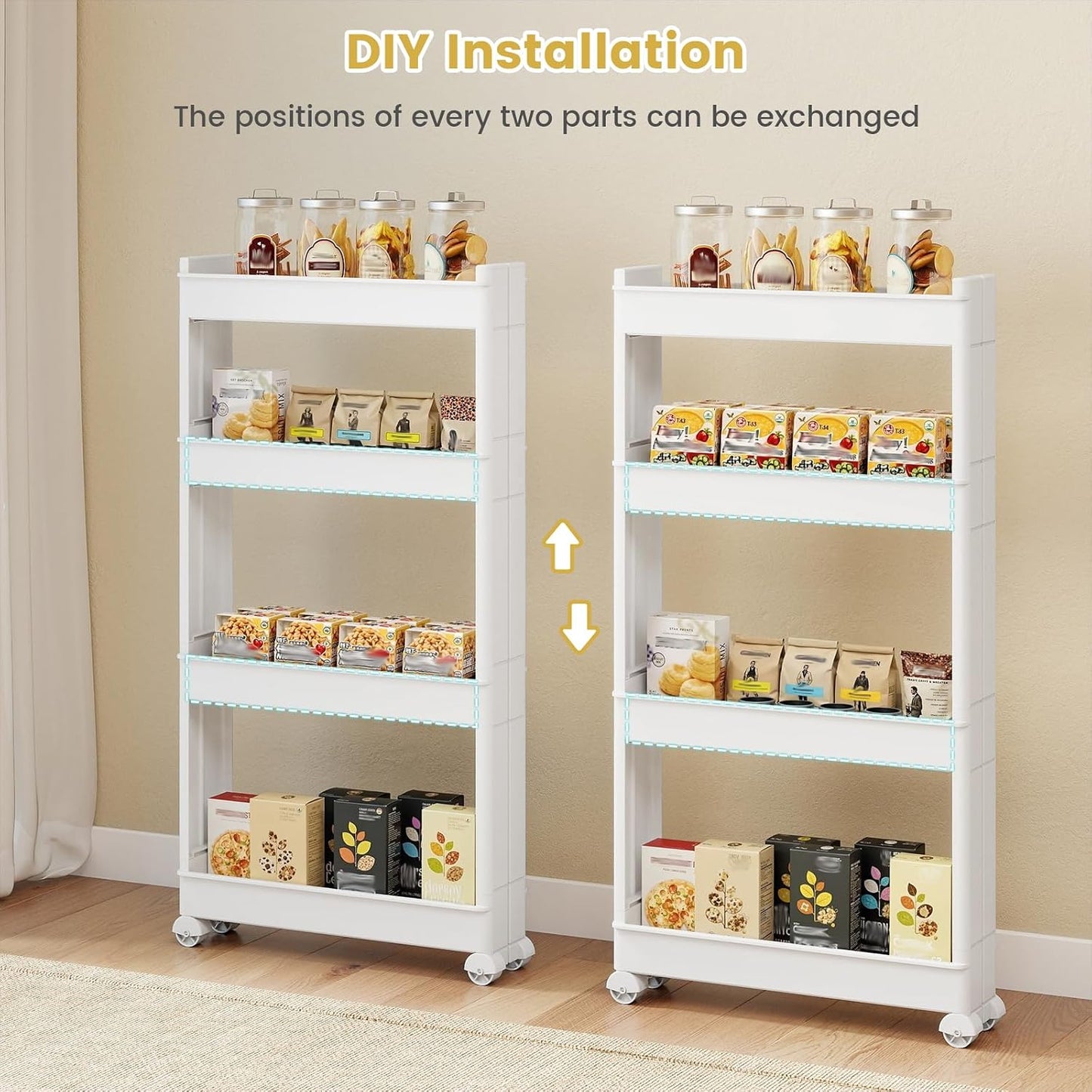 GOFLAME 4-Tier Rolling Utility Cart, Multifunctional Slim Storage Trolley with Detachable Trays and Wheels, Mobile Shelving Unit Organizer for Kitchen, Living Room and Bathroom (20” × 5” × 40”)