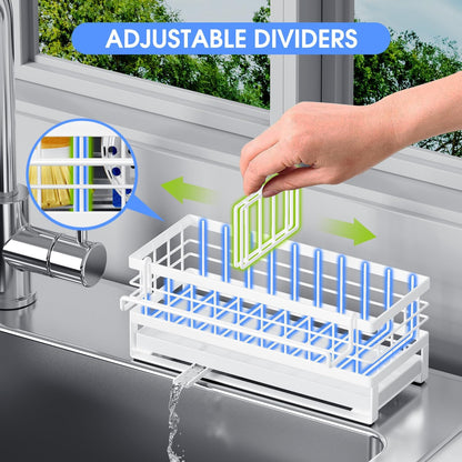 Kitchen Sink Sponge Holder, Rustproof Non-Slip Self-Draining Metal Sink Caddy with Detachable Dish Cloth Holder (Black)