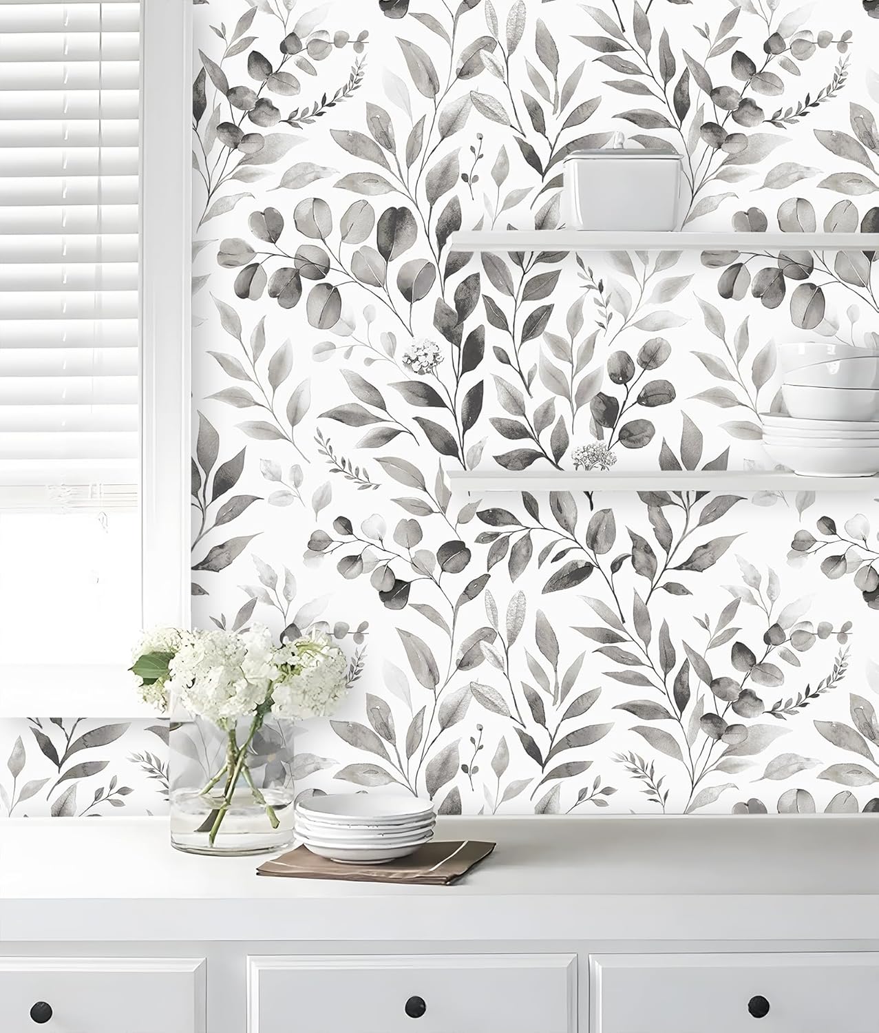 Floralplus Peel and Stick Wallpaper Boho Leaf Removable Wallpaper for Bathroom Renter Leaf Contact Paper for Locker Shelf Liner Vinyl Adhesive Wallpapers Wall Mural Decor 17.5 in x 118 in