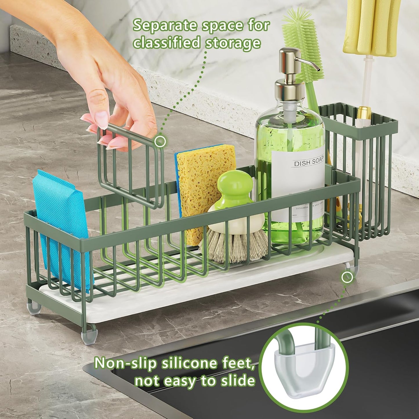 Cisily Extra Large Sink Caddy Organizer with Drying Stone, Black Sponge Holder for Kitchen, Dish Brush Holder for Countertop, Kitchen Decor Storage and Essentials