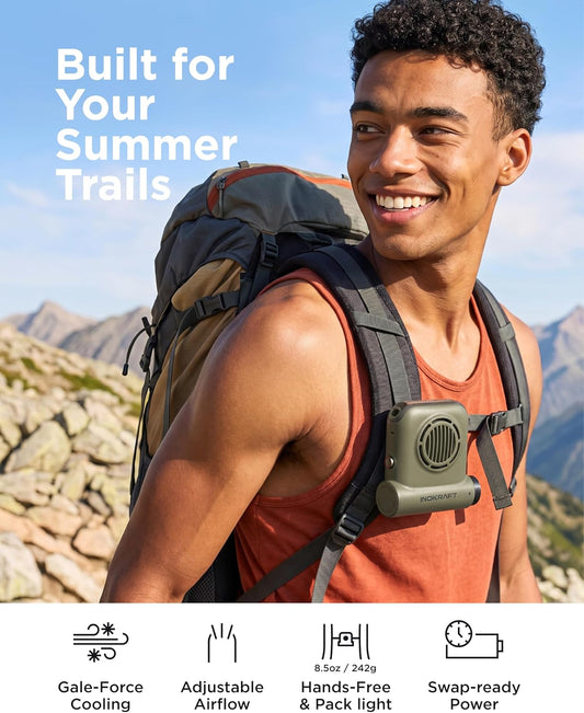 InoKraft Portable Fan Rechargeable for Hiking & Camping, Clip-On Waist Fan with Swappable 4Ah Rechargeable Battery, 49 ft/s Turbo Airflow, Up to 13H+ Runtime
