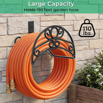 TomCare Garden Hose Holder Wall Mount Metal Water Hose Holder Holds 150Ft Hoses Heavy Duty Hose Hanger Sturdy Hoses Storage Organizer for Outside Yard Garden, Black