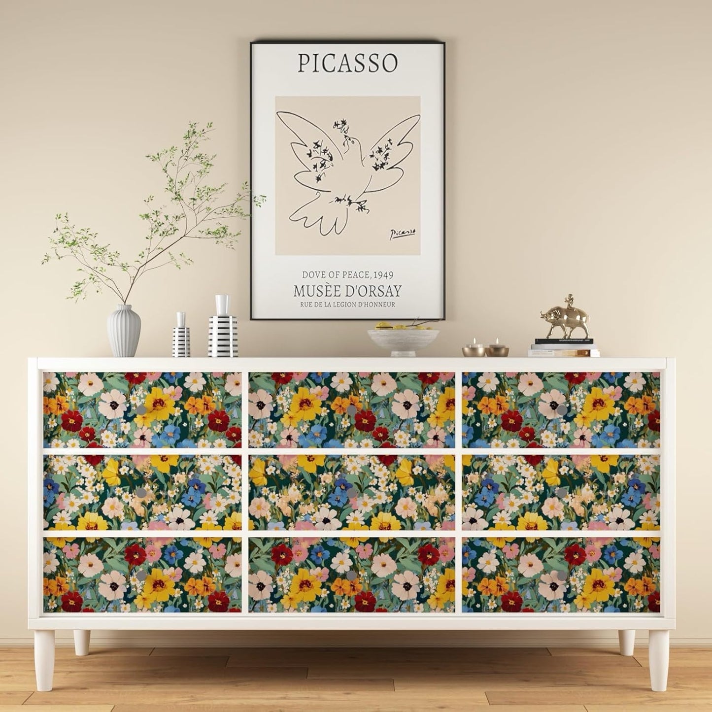 BOKEBEVE Watercolour Floral Peel and Stick Wallpaper Boho Vibrant Contact Paper Renter Friendly Wall Paper for Countertop Cabinet Wall Shelf Liner Removable Blue Colorful 17.5 x 118In
