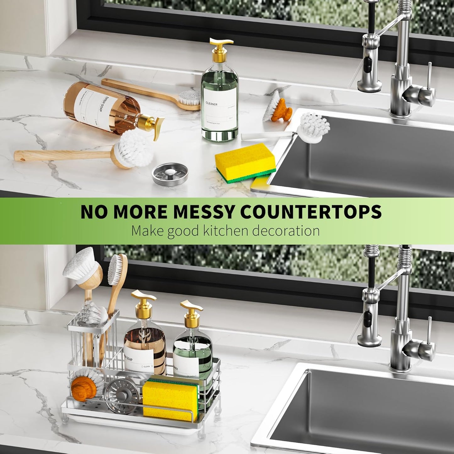 Cisily Large Capacity Kitchen Sink Caddy Organizer, Rustproof Non-Slip Sponge Holder With Dish Brush Holder Organizer, Kitchen Organization and Storage, Essentials Accessories for Countertop