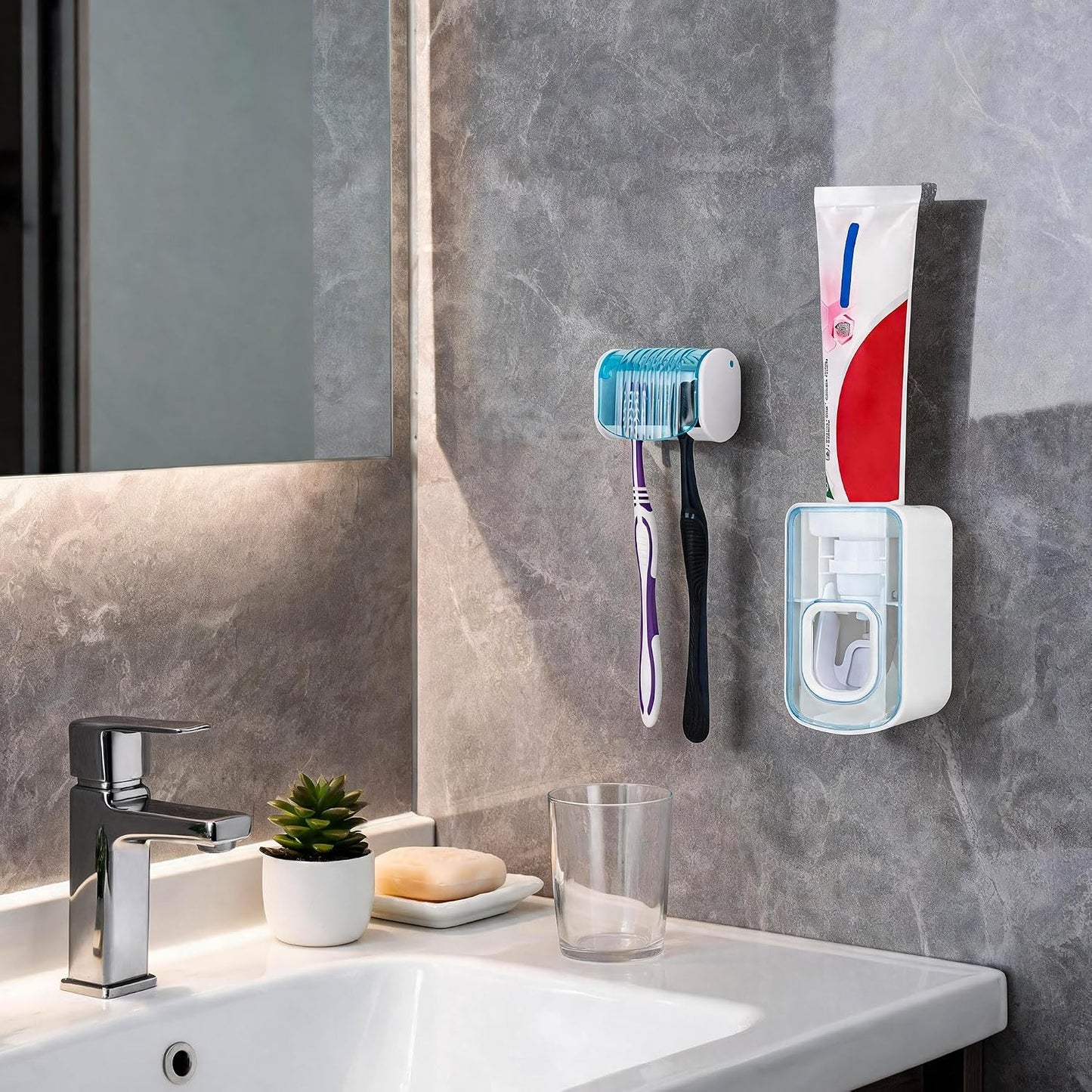 1 Pack Toothbrush Holder Wall Mounted with Cover for Bathroom, 2 Slots Toothbrush Storage Organizer for Shower, Self Adhesive Toothbrush Hanger (Grey)
