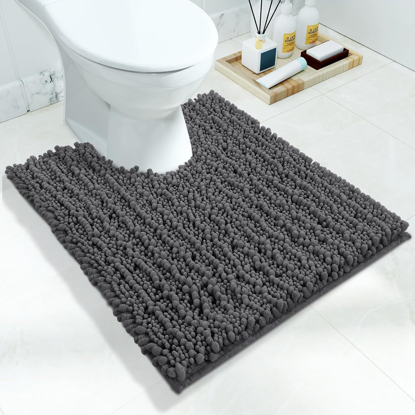 Yimobra Bathroom Rugs Non Slip Washable - Ultra Soft Absorbent Chenille Bath Mat, Quick Dry Shaggy Floor Carpet for Tub Shower, Gray Home Decor Accessories, 24x17 Inch