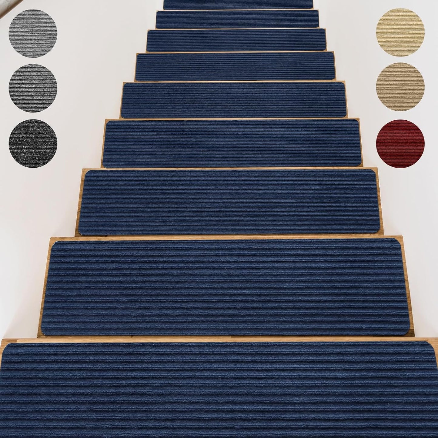 15 Pack 8 "X 30" Non-Slip Carpet Stair Treads for Indoor Wooden Steps, Made of Polyester and Reusable Adhesive, Suitable for Kids Elders and Pets（Black Lines）