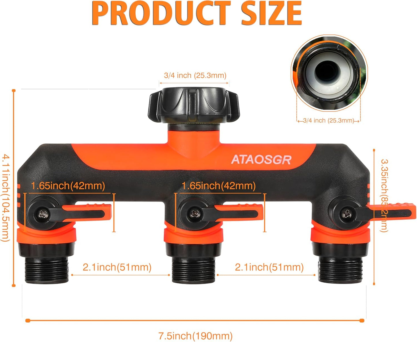 ATAOSGRGarden Hose Splitter 3 Way, 3/4" Outdoor Faucet Splitter, Tap Connector with On/Off Valves and Extended Handle, Tap Adapter Garden Hose Connector for Garden Outdoor Home - Greens