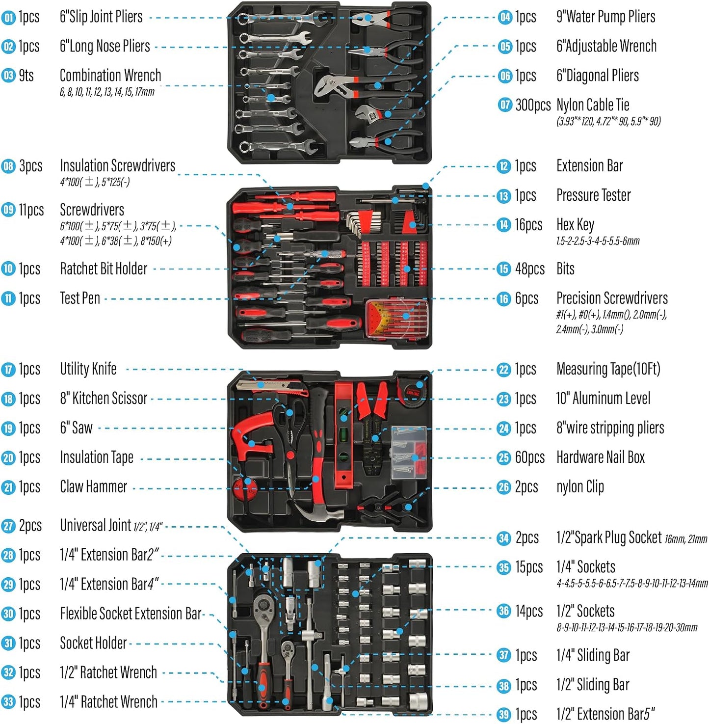 515 PCS General Household Tool Kit Aluminum Trolley Case Tool Set for Men | 4-Drawer Hand Tool Set for Home Repair, Car, Garage, Maintenance, Auto Repair Toolbox with Wheel