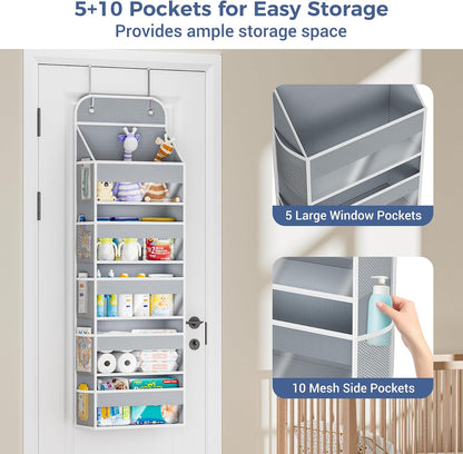 COOLBEBE 2-Pack over the Door Organizer, 5-Tier Hanging Storage with Clear Windows & Mesh Side Pockets, Heavy-Duty Nursery Closet Organizer for Baby Essentials, Bathroom, Bedroom, Grey