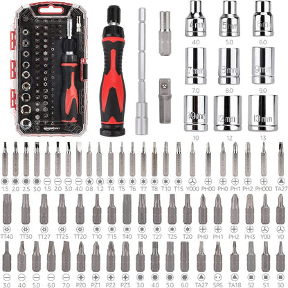 Amazon Basics 27-Piece Ratchet Screwdriver and Socket Set, Light-Duty T-Handle with Magnetic Bit Holder, Cr-V Steel, for Household DIY, Electronics and Appliance Repair, Compact Tool wit Hard Case