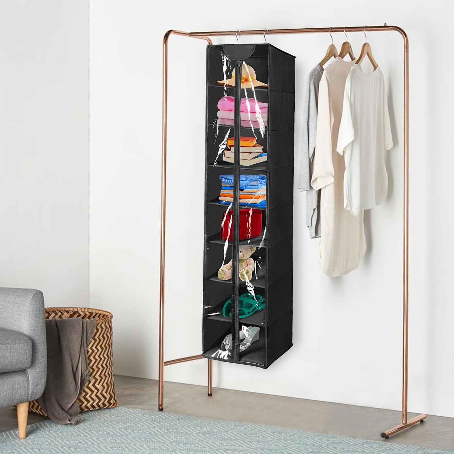 8 Tier Clear PVC Hanging Organizer With Zipper, Sweater Storage Shelves With Cover, Shoe Organizer for Closet, Black
