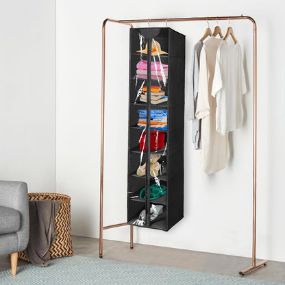 8 Tier Clear PVC Hanging Organizer With Zipper, Sweater Storage Shelves With Cover, Shoe Organizer for Closet, Black