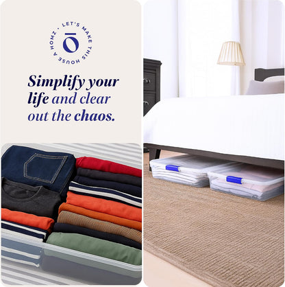 HOMZ 2-Pack Under Bed Storage, Clear Plastic Containers with Lids, 60 Quart, Gray Latch - Stackable Underbed Organizer Bins for Shoes, Bags, Clothes, and Towels