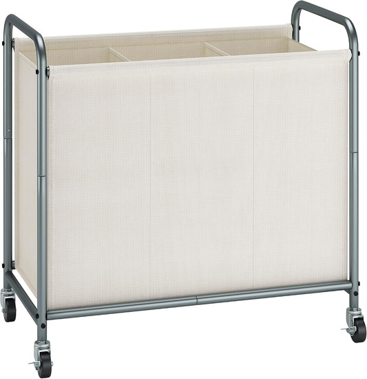 STORAGE MANIAC Rolling Laundry Hamper, 165L Laundry Basket with Lockable Wheels, Triple Clothes Sorter Cart, 3 Bag Clothes Separator Hamper for Closet, Bathroom, Laundrys Room, 3 Section Beige