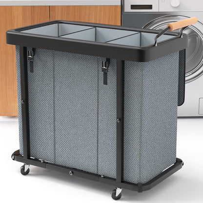 230L (60 Gal) Extra Large Fashion Laundry Sorter 3 Section with Lid, Rolling Laundry Basket Hamper with Handle, Laundry Organizer Storage Cart with Sturdy Metal Frame for Laundry Room, Hotel, White
