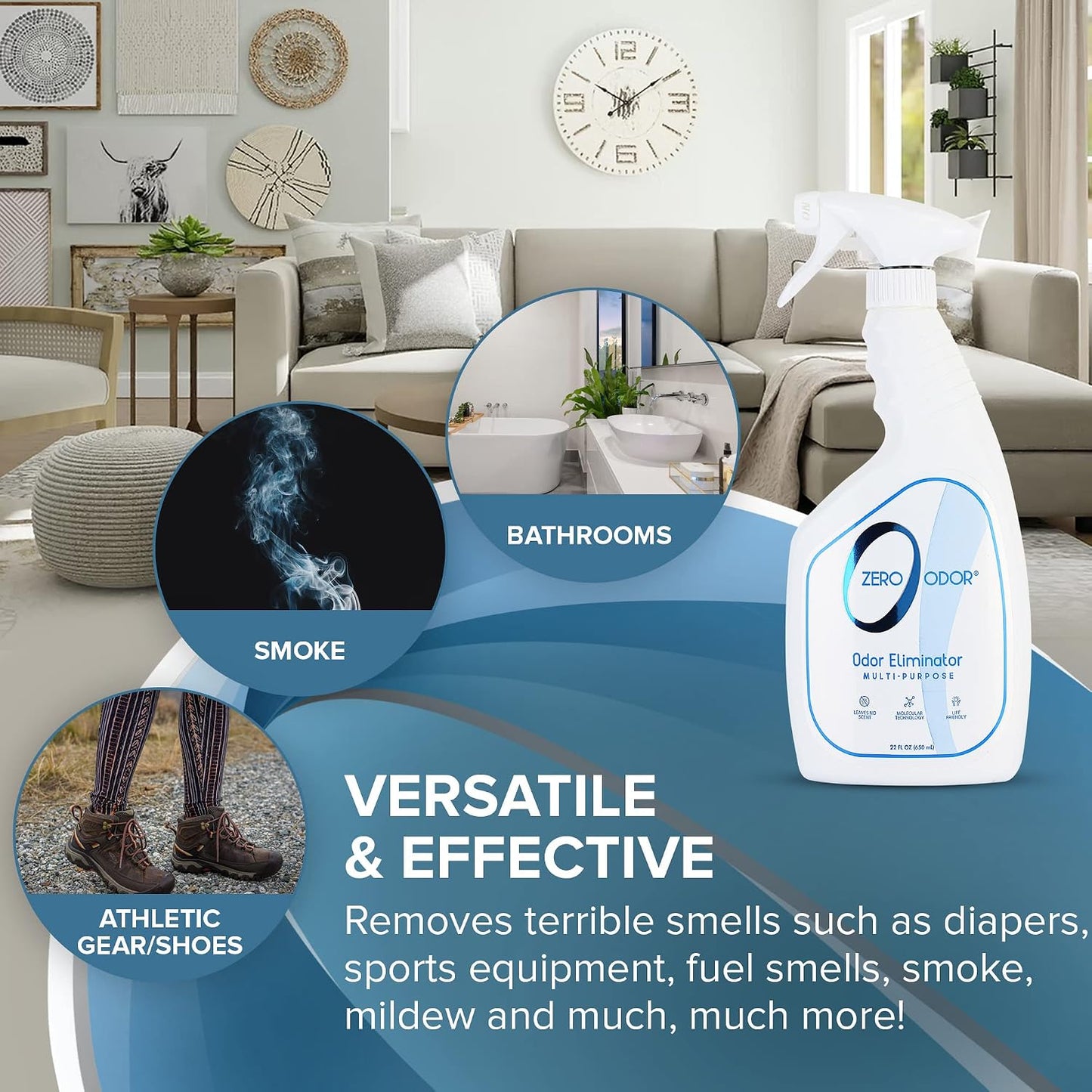 Zero Odor – Multi-Purpose Odor Eliminator - Air & Surface Odor – Patented Technology for Bathroom, Kitchen, Fabric, Closet- Smell Great Again, 16oz