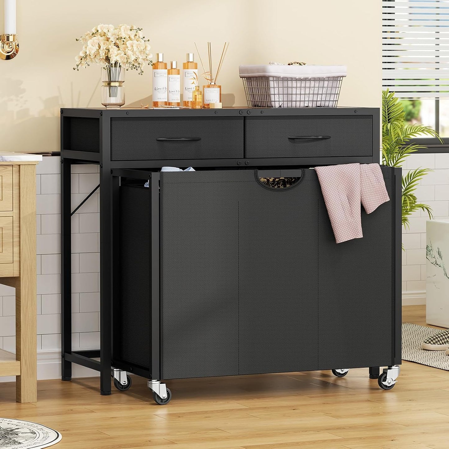 Laundry Sorter 3 Section, 120 L Laundry Hamper with 2 Drawers & 2-tone Top Panel, Rolling Laundry Basket Organizer with Pull-Out Removable Oxford Fabric Bags for Laundry Room Organization UNZYL006BVV3