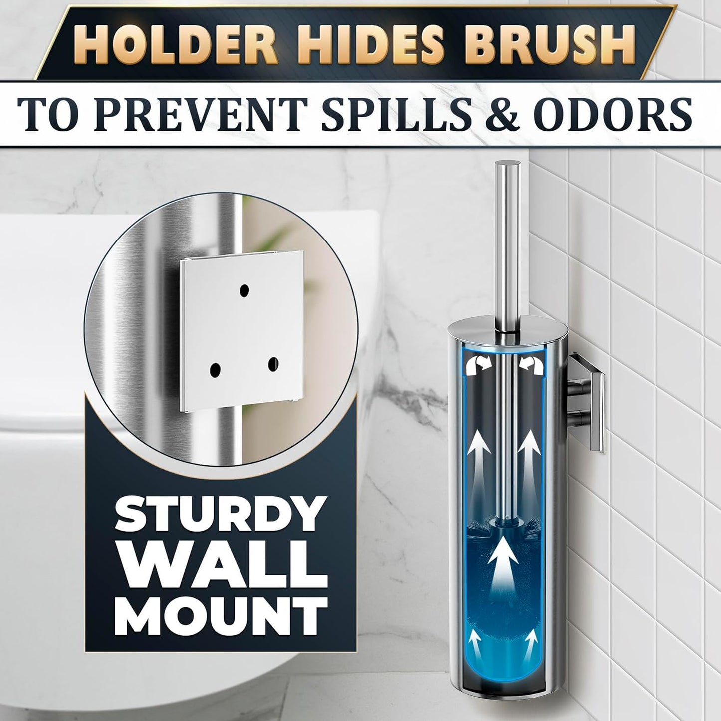Black Toilet Brush and Holder Set - Slim Matte Design that Fits Anywhere - Stainless Steel Toilet Bowl Brush and Holder with 2 Rounded Corners, Replaceable Head, Removable Inner Bowl & Splash Guard