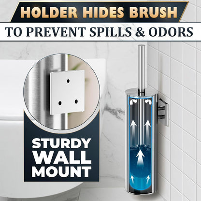 Black Toilet Brush and Holder Set - Slim Matte Design that Fits Anywhere - Stainless Steel Toilet Bowl Brush and Holder with 2 Rounded Corners, Replaceable Head, Removable Inner Bowl & Splash Guard