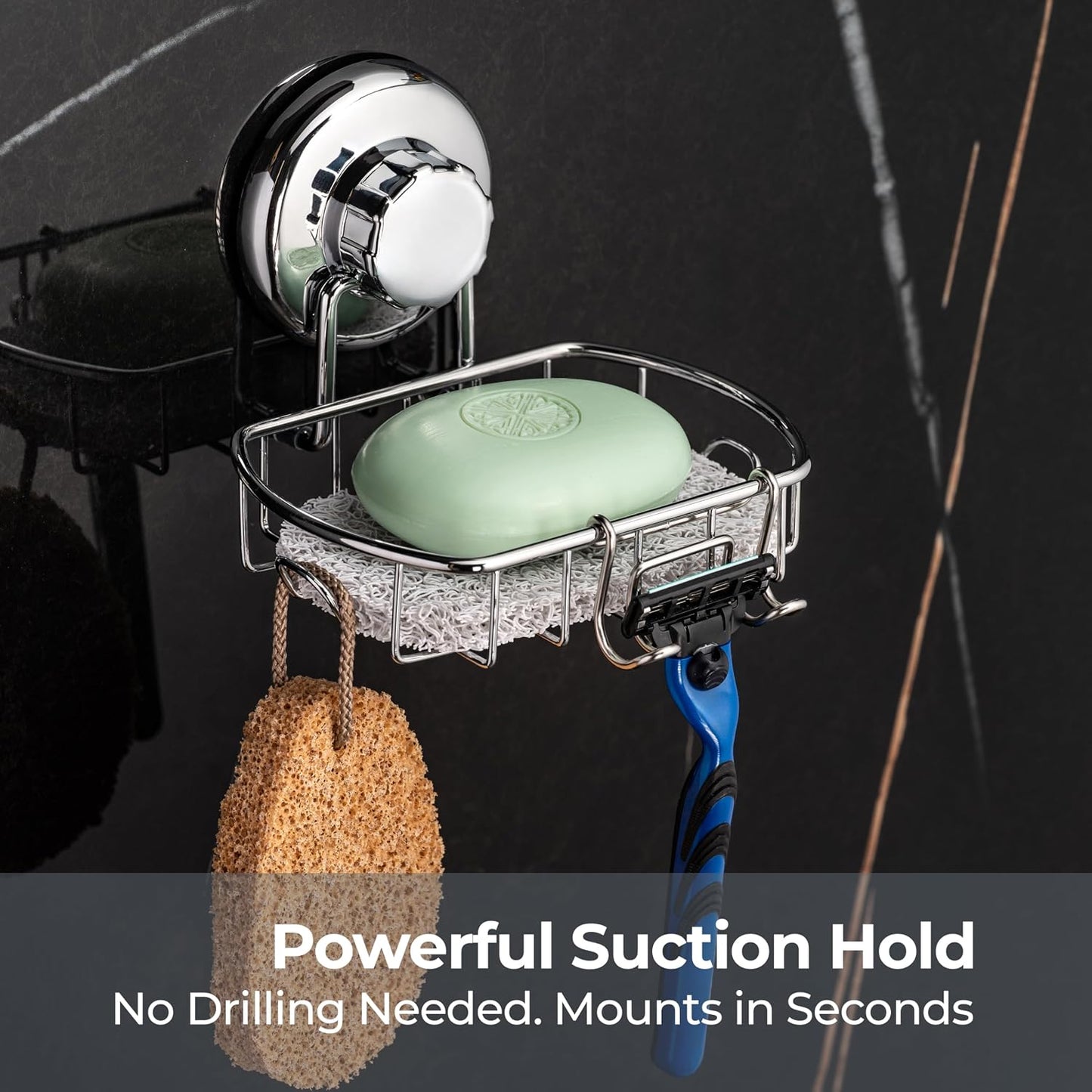 HASKO Suction Cup Soap Dish for Shower Wall, Rustproof Stainless Steel Shower Soap Holder for Bathroom with Hooks and Soap Saver, Includes Optional No Drill Adhesive Mount, Silver