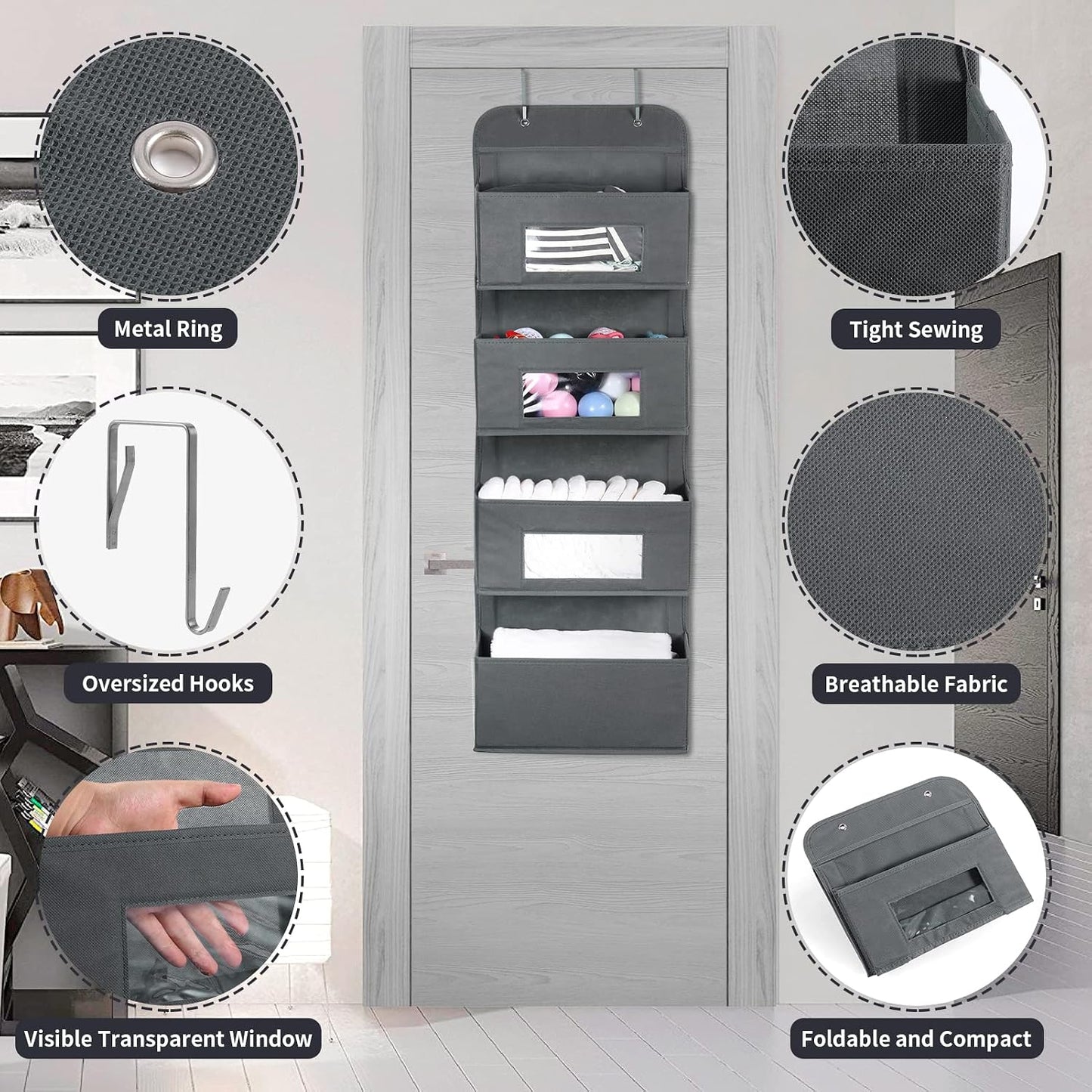 MAX Houser 4-Shelf Over The Door Hanging Organizer with 2 Metal Hooks, Gray | 4 Pocket Swing-proof Behind Door Organizers with Clear Windows for Bathroom Closet, Dorm
