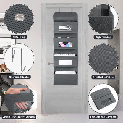 MAX Houser 4-Shelf Over The Door Hanging Organizer with 2 Metal Hooks, Gray | 4 Pocket Swing-proof Behind Door Organizers with Clear Windows for Bathroom Closet, Dorm