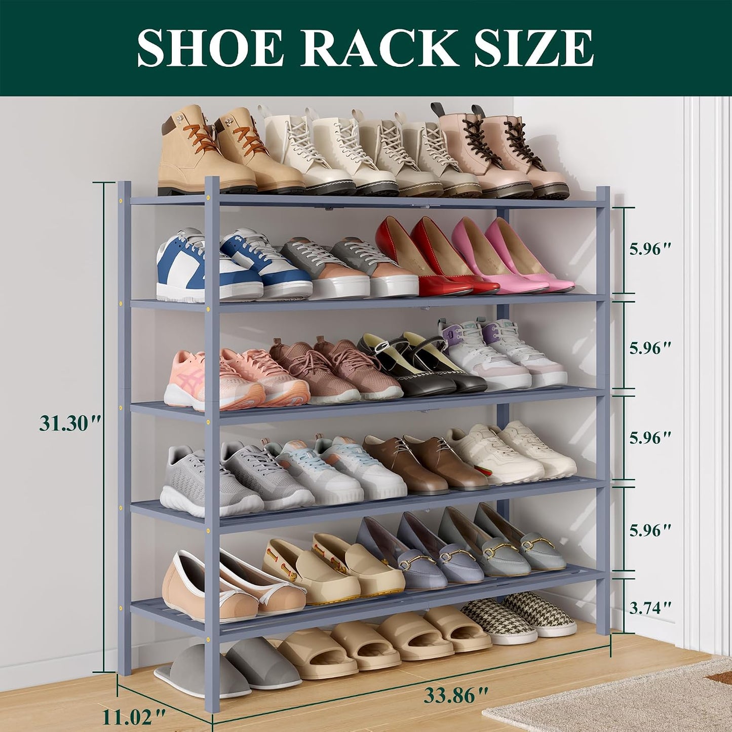 Smiry Bamboo Shoe Rack, 3 Tier Free Standing Wooden Shoe Organizer, Stackable Wood Shoe Storage Shelf for Closet, Entryway, 5 Horizontal Slats, 26.8"x11"x18.3", Natural