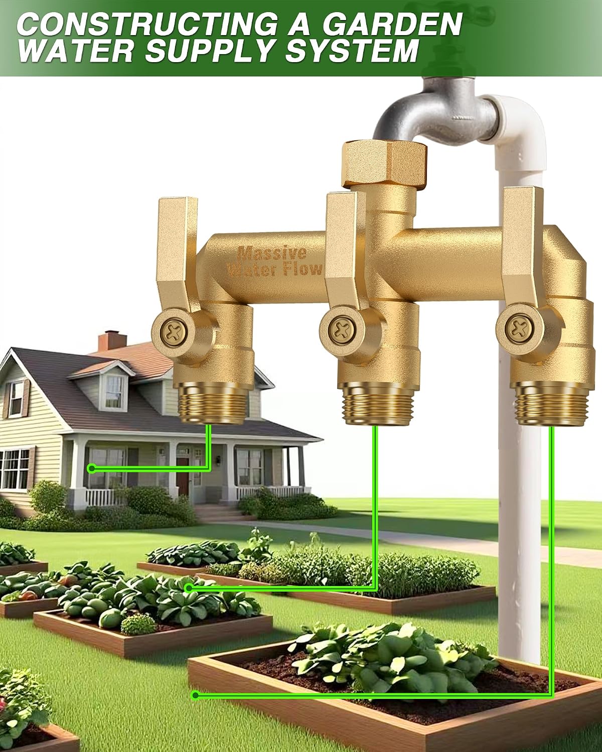 Hose Splitter 2 Way Heavy Duty, Solid Brass Full Flow Outdoor Faucet and Garden Hose Splitters, Water Spigot Splitter T Adapter, All Metal Water Connector with Shut-Off Valve, 3/4 - Inch GHT Thread