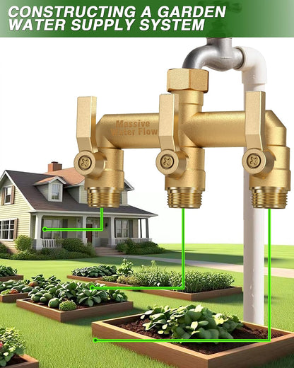 Hose Splitter 2 Way Heavy Duty, Solid Brass Full Flow Outdoor Faucet and Garden Hose Splitters, Water Spigot Splitter T Adapter, All Metal Water Connector with Shut-Off Valve, 3/4 - Inch GHT Thread