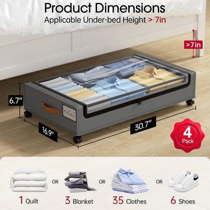 Yecaye Under Bed Storage with Wheels, 2 Pack Under Bed Storage Containers, 60L Underbed Shoe Storage with Clear Window & Label, Rolling Under Bed Metal Drawer for Clothes, Shoes, Books, Blankets