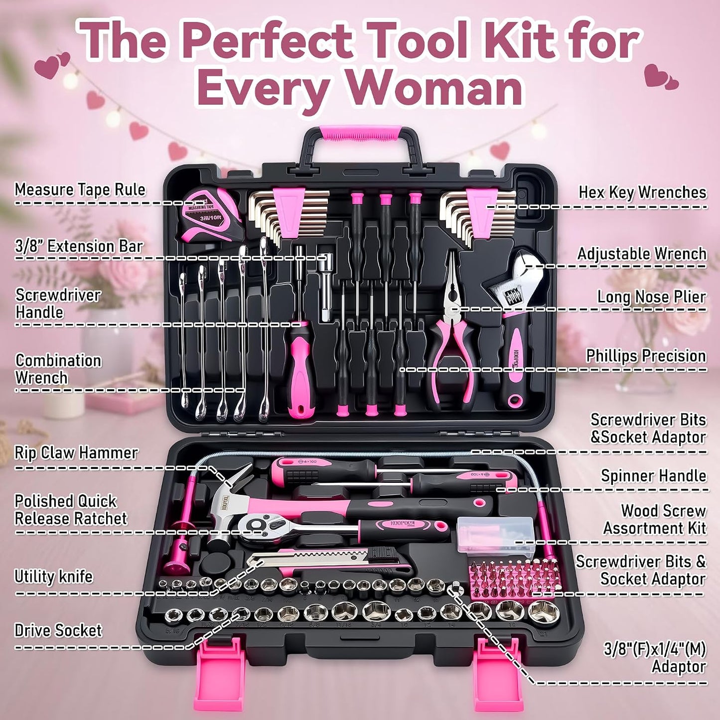 KOOPOOL Tool Set, Tool Box Kit for Mechanic and Car, General Household Home Tool Kit, Basic Tool Kit for Home Auto Repair, with Storage Case