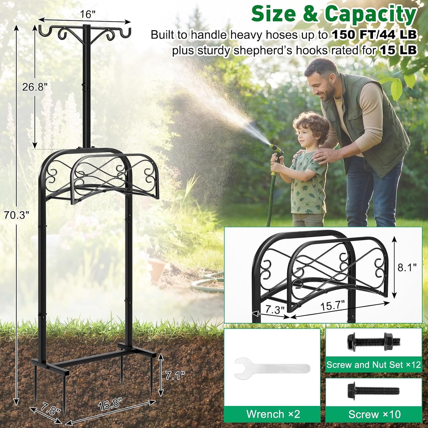Gtongoko Garden Hose Holder for Outside 43" Heavy Duty Freestanding Water Hose Holder with 4 Stable Spikes Metal Hose Stand Holds Up to 150FT Hose & 44LB Detachable Hose Storage for Yard Lawn Patio